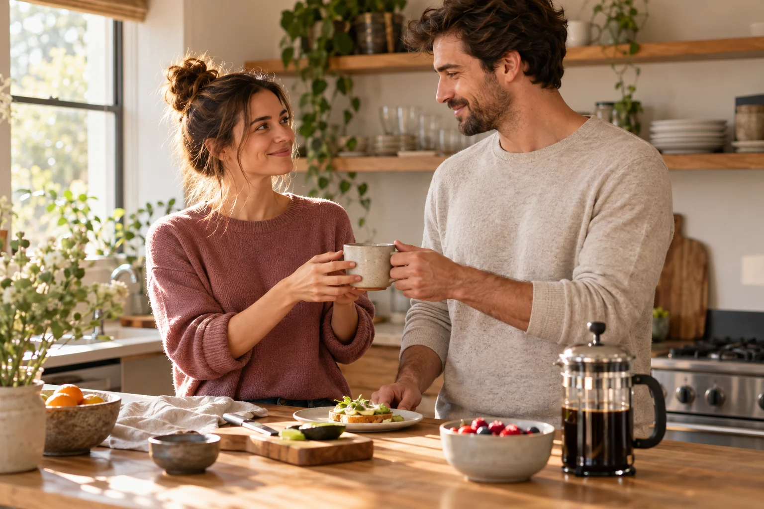 A couple sharing coffee in their kitchen